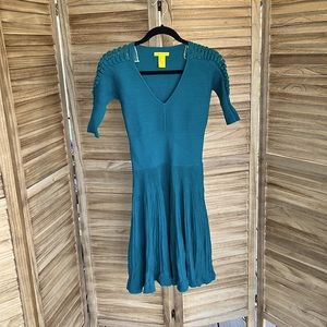 (M) Catherine Malandrino teal ribbed pleated midi dress work elegant v-neck